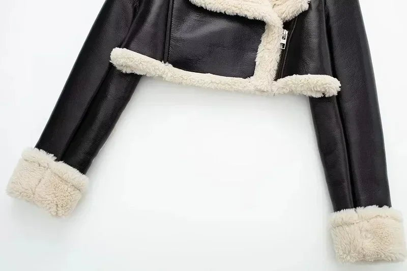 Winter Women Jacket Coats Faux Shearling Sheepskin Coat Retro Motorcycle Jacket Woman Jackets Outerwear Tops - Checkouts UK