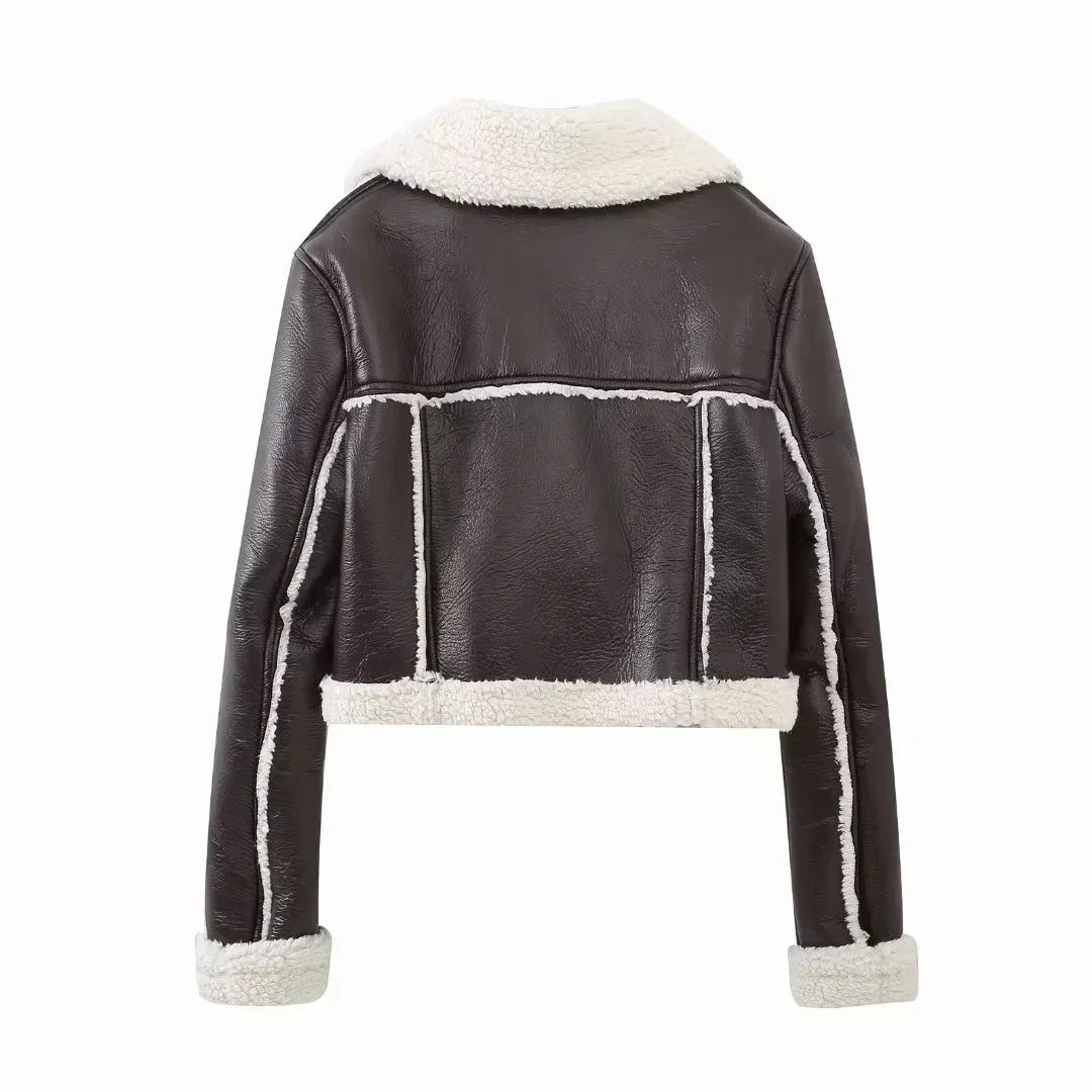Winter Women Jacket Coats Faux Shearling Sheepskin Coat Retro Motorcycle Jacket Woman Jackets Outerwear Tops - Checkouts UK