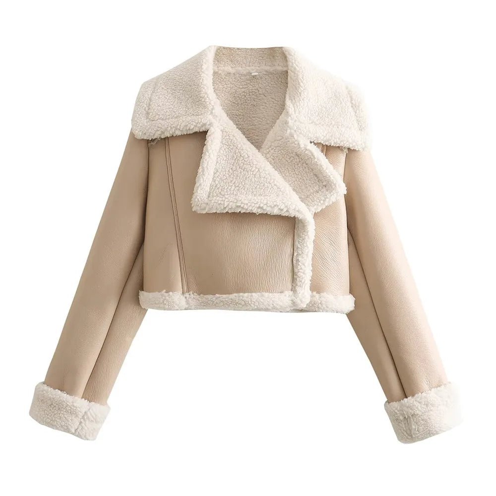 Winter Women Jacket Coats Faux Shearling Sheepskin Coat Retro Motorcycle Jacket Woman Jackets Outerwear Tops - Checkouts UK