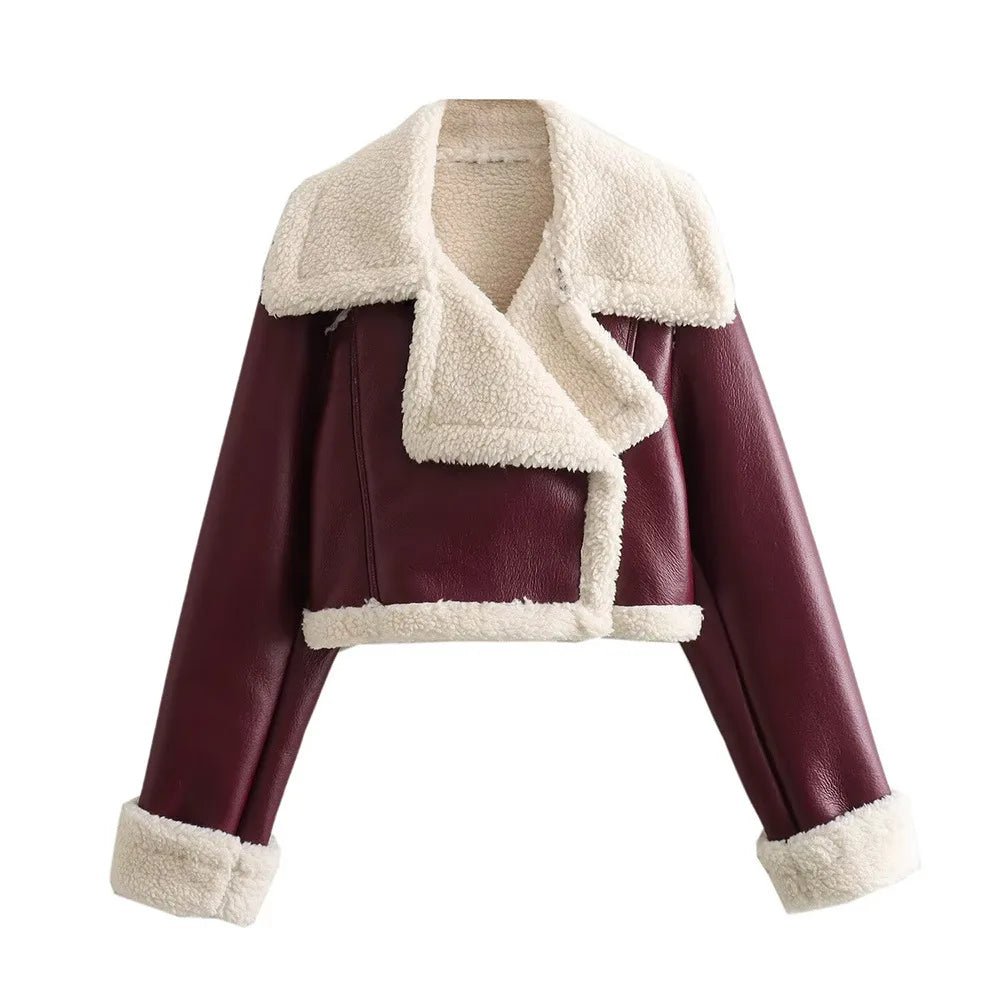 Winter Women Jacket Coats Faux Shearling Sheepskin Coat Retro Motorcycle Jacket Woman Jackets Outerwear Tops - Checkouts UK