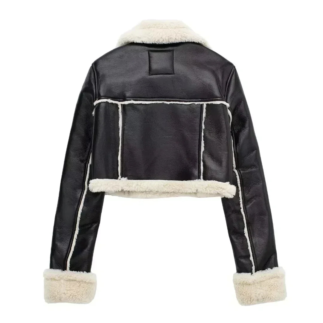 Winter Women Jacket Coats Faux Shearling Sheepskin Coat Retro Motorcycle Jacket Woman Jackets Outerwear Tops - Checkouts UK