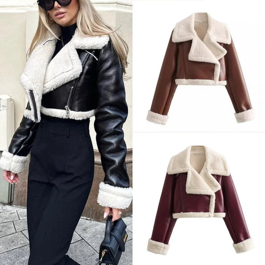Winter Women Jacket Coats Faux Shearling Sheepskin Coat Retro Motorcycle Jacket Woman Jackets Outerwear Tops - Checkouts UK
