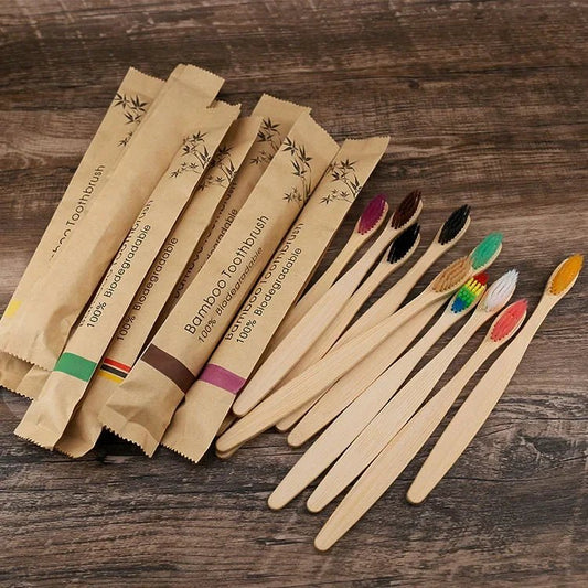 10pcs Bamboo Toothbrushes Colorful Toothbrush Resuable Portable Adult Wooden Soft Tooth Brush For Home Travel Hotel - Checkouts UK