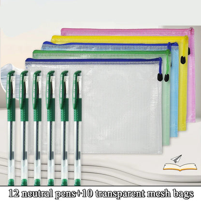 10pcs Of Transparent Mesh Zipper File Bags A4+12pcs Exquisite Green Ink Pens 0.5mm Nib School Stationery Office Supplies - Checkouts USA