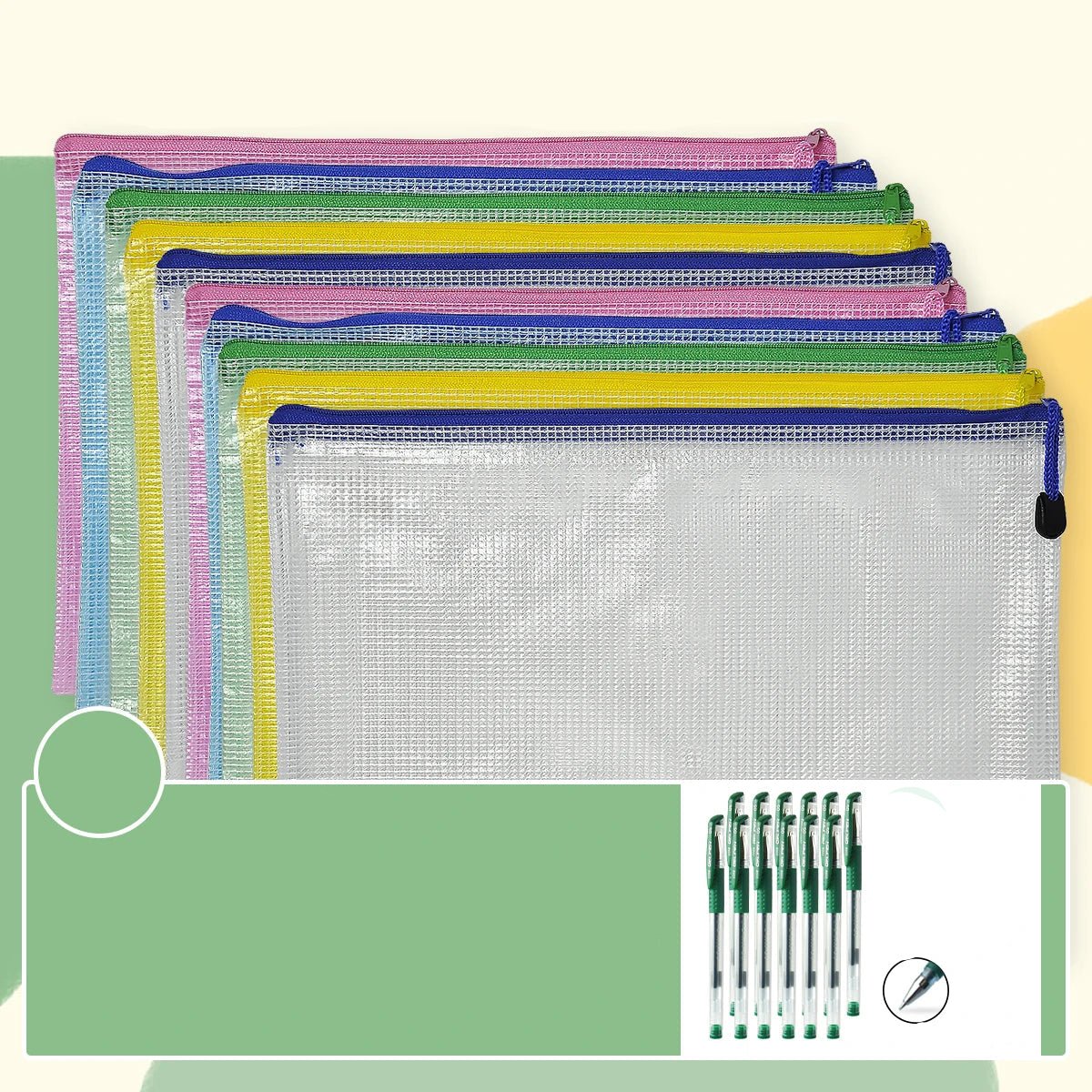 10pcs Of Transparent Mesh Zipper File Bags A4+12pcs Exquisite Green Ink Pens 0.5mm Nib School Stationery Office Supplies - Checkouts USA