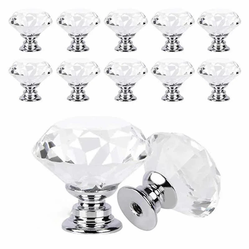 10Pcs/set 30mm Diamond Shape Design Crystal Glass Knobs Cupboard Drawer Pull Kitchen Cabinet Door Wardrobe Handles Hardware - Checkouts USA