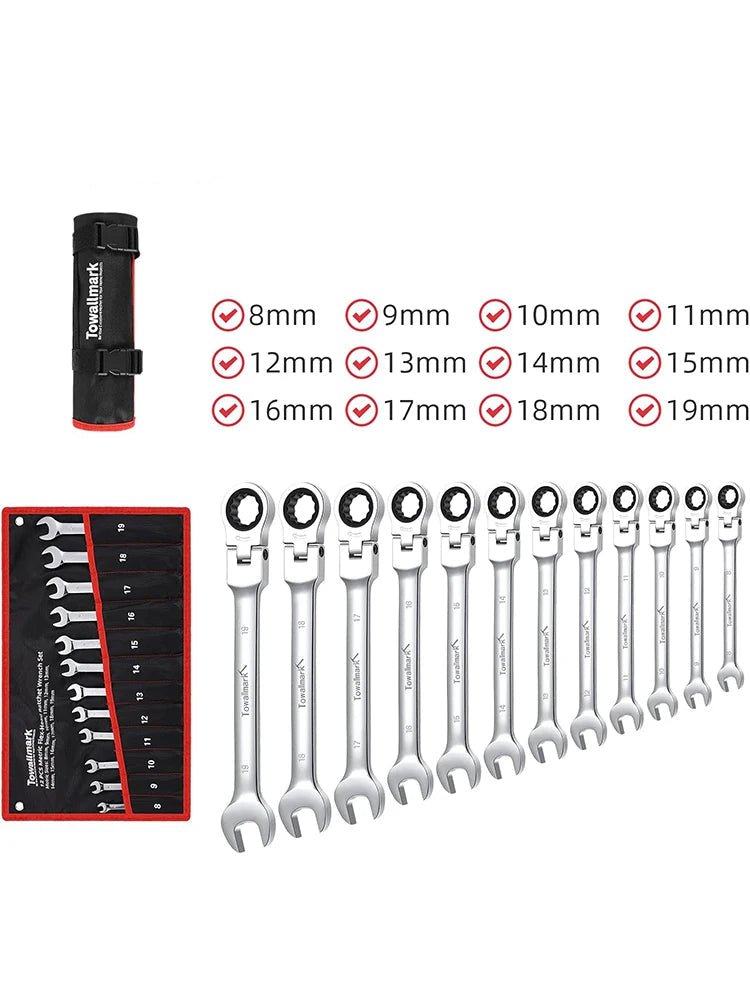 12 - Piece Flex - Head Wrench Set, Ratcheting Combination Set, Metric 8 - 19mm, 72 - Teeth,Cr - V Steel Ratchet Wrenches Set with Bag - Checkouts USA