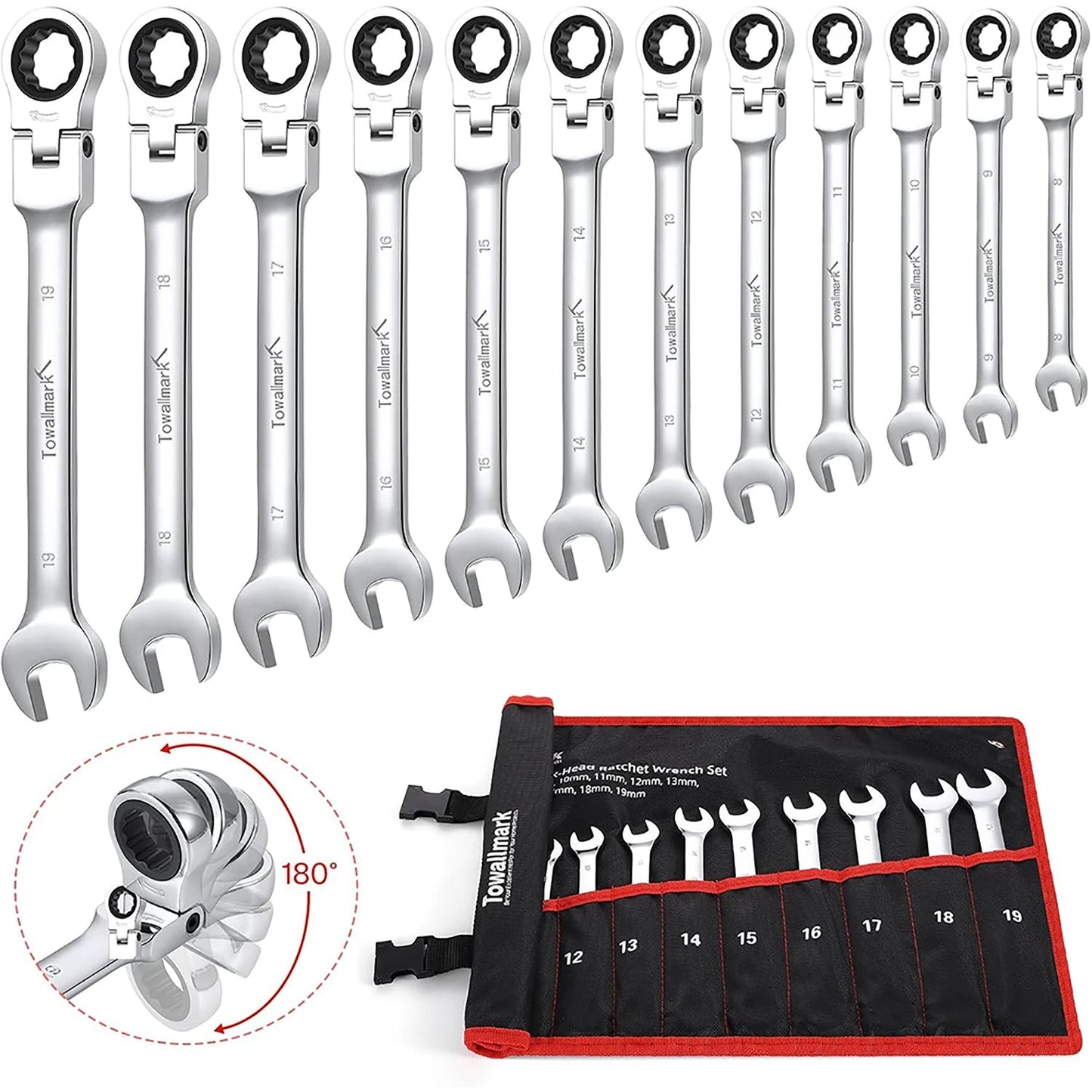 12 - Piece Flex - Head Wrench Set, Ratcheting Combination Set, Metric 8 - 19mm, 72 - Teeth,Cr - V Steel Ratchet Wrenches Set with Bag - Checkouts USA