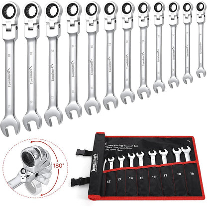 12 - Piece Flex - Head Wrench Set, Ratcheting Combination Set, Metric 8 - 19mm, 72 - Teeth,Cr - V Steel Ratchet Wrenches Set with Bag - Checkouts USA