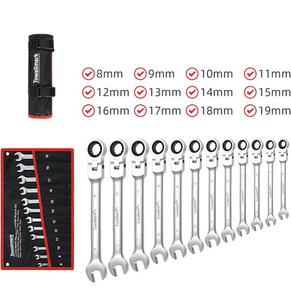 12 - Piece Flex - Head Wrench Set, Ratcheting Combination Set, Metric 8 - 19mm, 72 - Teeth,Cr - V Steel Ratchet Wrenches Set with Bag - Checkouts USA