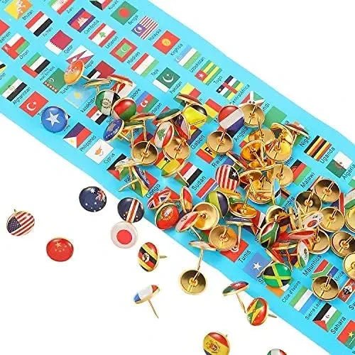 200Pcs National Flag Pins Thumb Tacks Creative Country Map Push Pin Golden Push Pins Decorative Drawing Pins With Flag Index - Checkouts USA