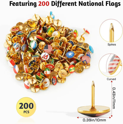 200Pcs National Flag Pins Thumb Tacks Creative Country Map Push Pin Golden Push Pins Decorative Drawing Pins With Flag Index - Checkouts USA