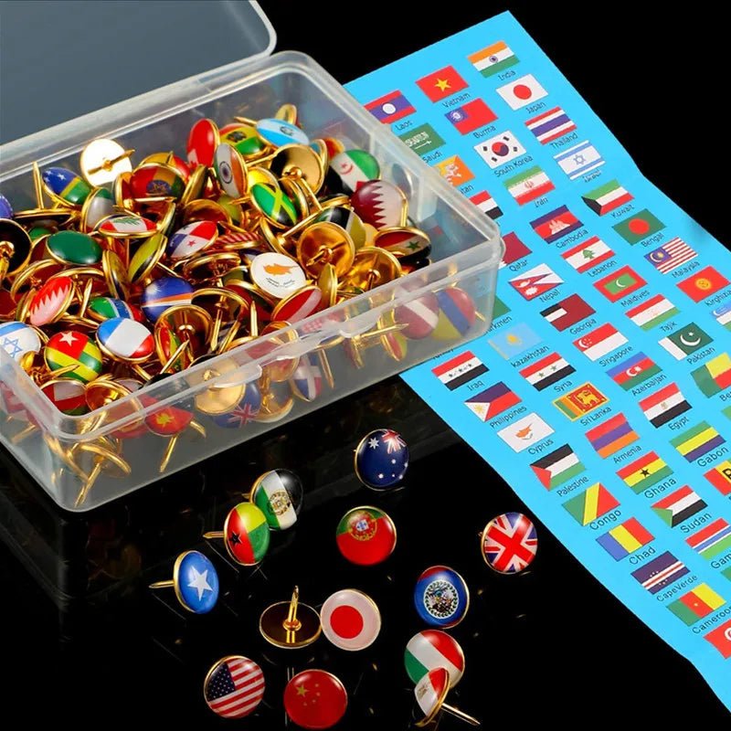 200Pcs National Flag Pins Thumb Tacks Creative Country Map Push Pin Golden Push Pins Decorative Drawing Pins With Flag Index - Checkouts USA