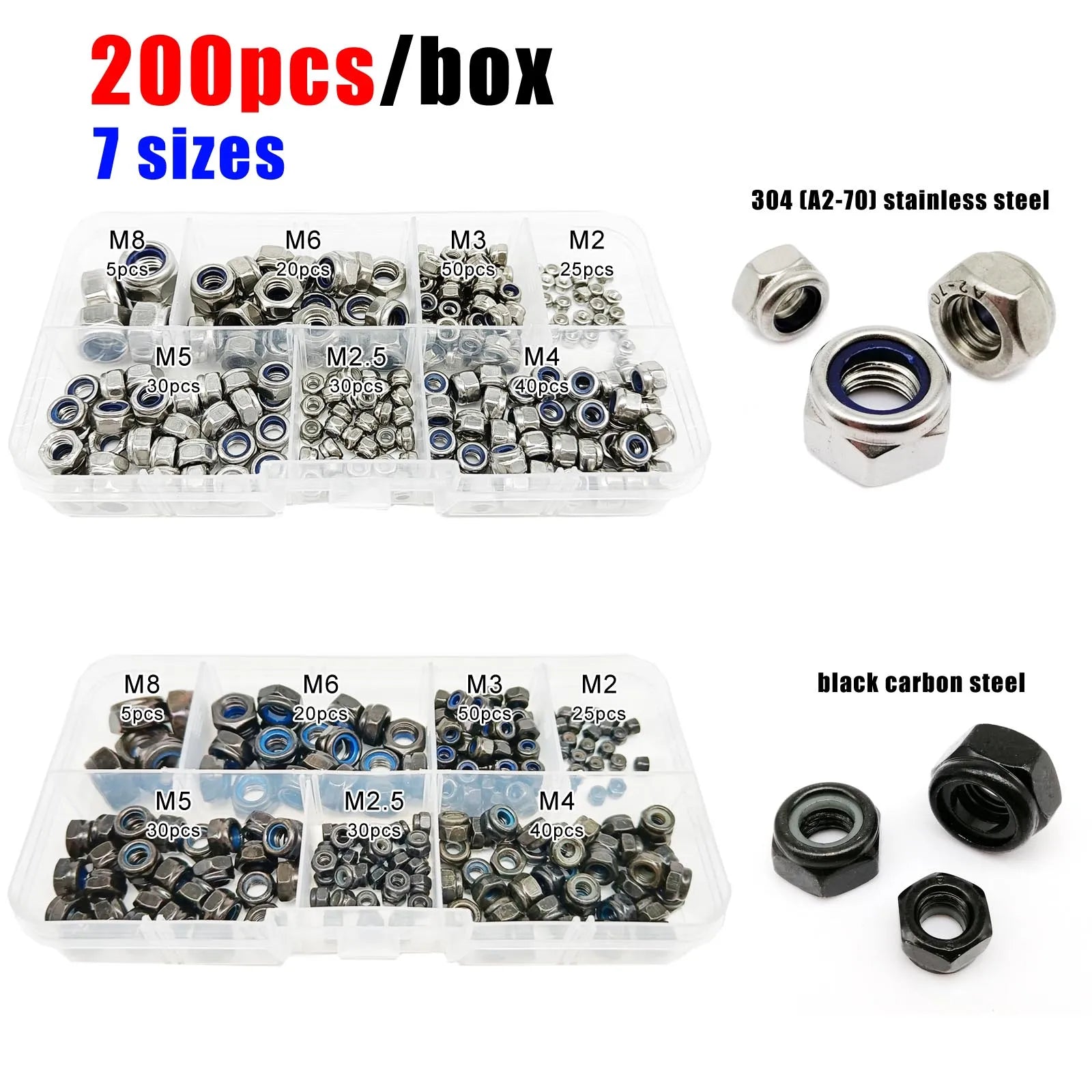 200pcs/box Mix M2 M2.5 M3 M4 M5 M6 M8 Set Hexagon Nylon Insert Lock Nut Hex Self Locking Nylock Locknut Black Stainless Steel - Checkouts USA