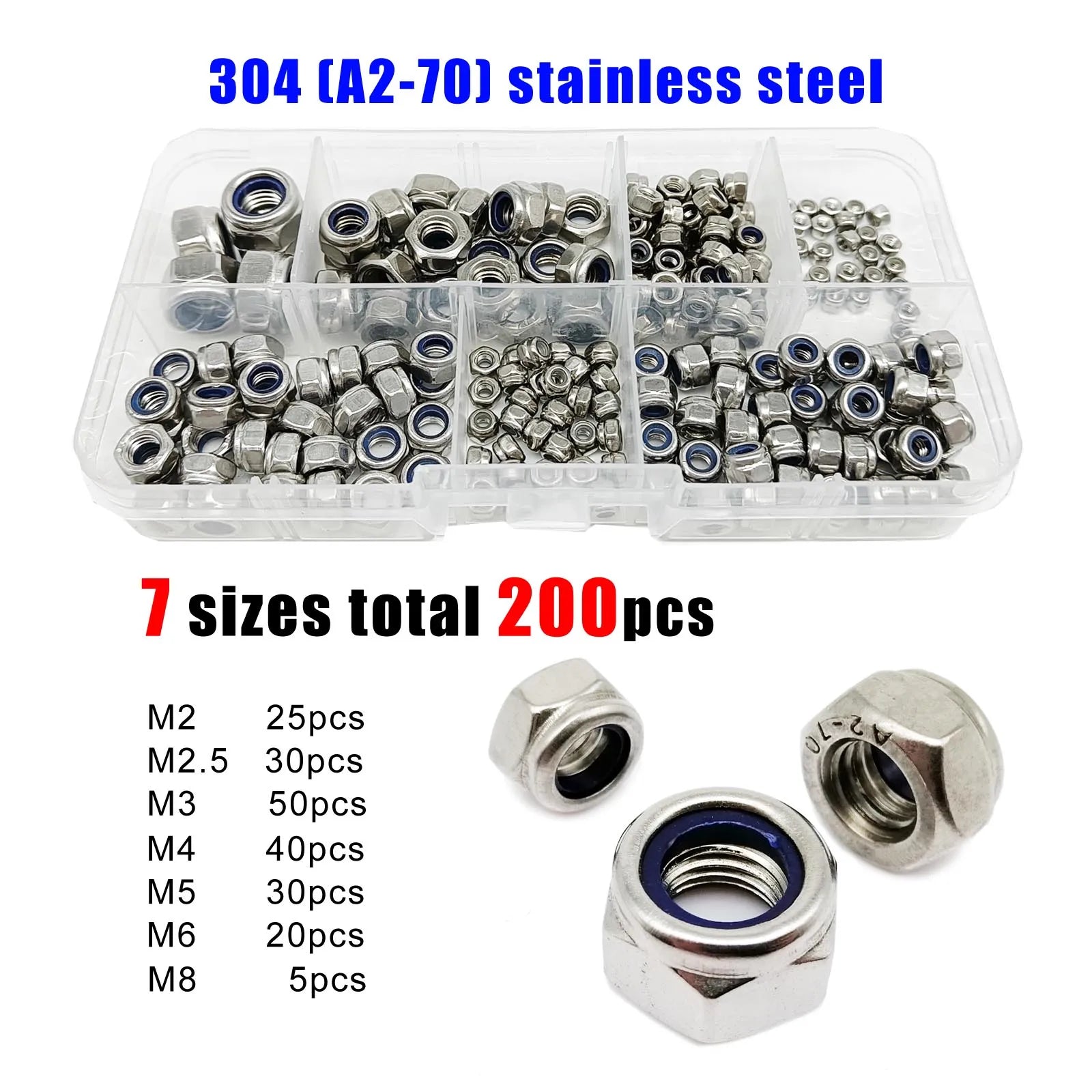 200pcs/box Mix M2 M2.5 M3 M4 M5 M6 M8 Set Hexagon Nylon Insert Lock Nut Hex Self Locking Nylock Locknut Black Stainless Steel - Checkouts USA