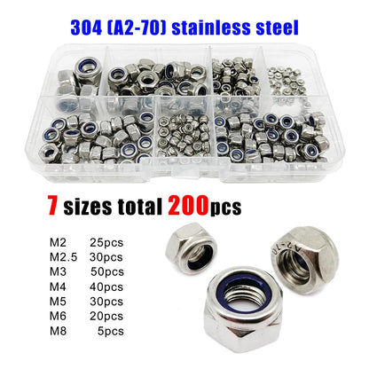 200pcs/box Mix M2 M2.5 M3 M4 M5 M6 M8 Set Hexagon Nylon Insert Lock Nut Hex Self Locking Nylock Locknut Black Stainless Steel - Checkouts USA