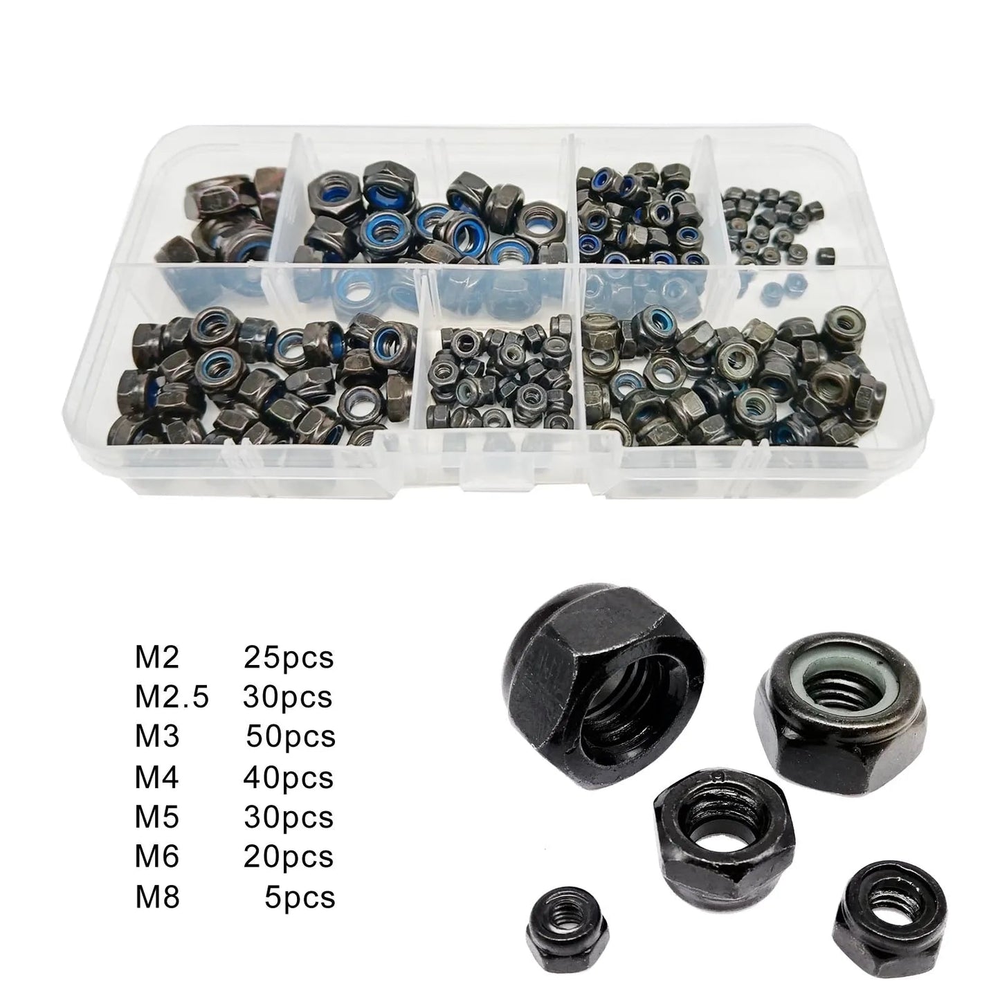 200pcs/box Mix M2 M2.5 M3 M4 M5 M6 M8 Set Hexagon Nylon Insert Lock Nut Hex Self Locking Nylock Locknut Black Stainless Steel - Checkouts USA