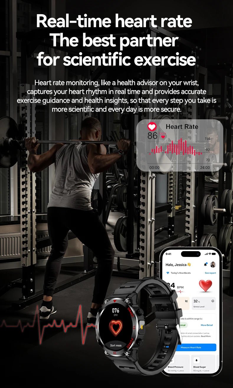 2025 New Rugged Military Smart Watch Men's Heart Rate Flashlight Outdoor Sports Tracker Bluetooth Talk Smart Watch - Checkouts USA