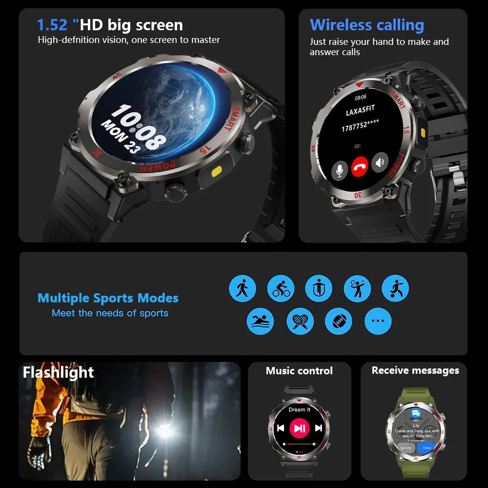 2025 New Rugged Military Smart Watch Men's Heart Rate Flashlight Outdoor Sports Tracker Bluetooth Talk Smart Watch - Checkouts USA