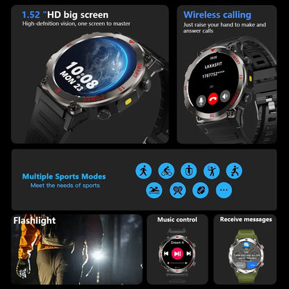 2025 New Rugged Military Smart Watch Men's Heart Rate Flashlight Outdoor Sports Tracker Bluetooth Talk Smart Watch - Checkouts USA