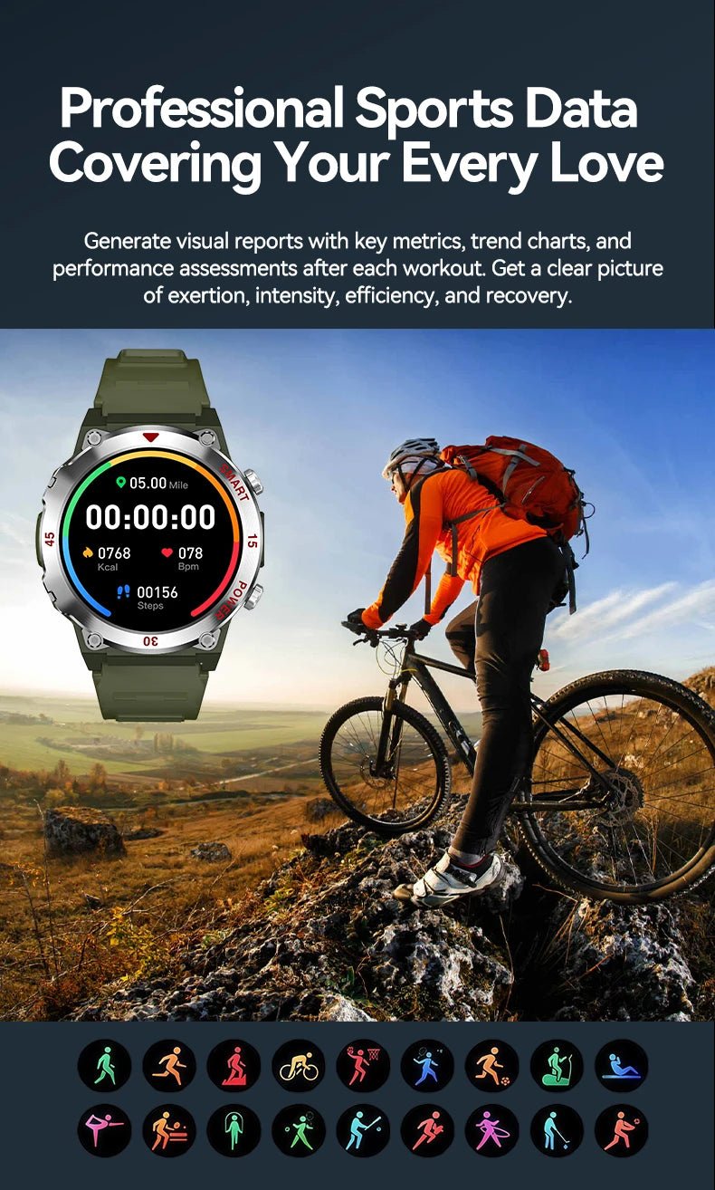 2025 New Rugged Military Smart Watch Men's Heart Rate Flashlight Outdoor Sports Tracker Bluetooth Talk Smart Watch - Checkouts USA