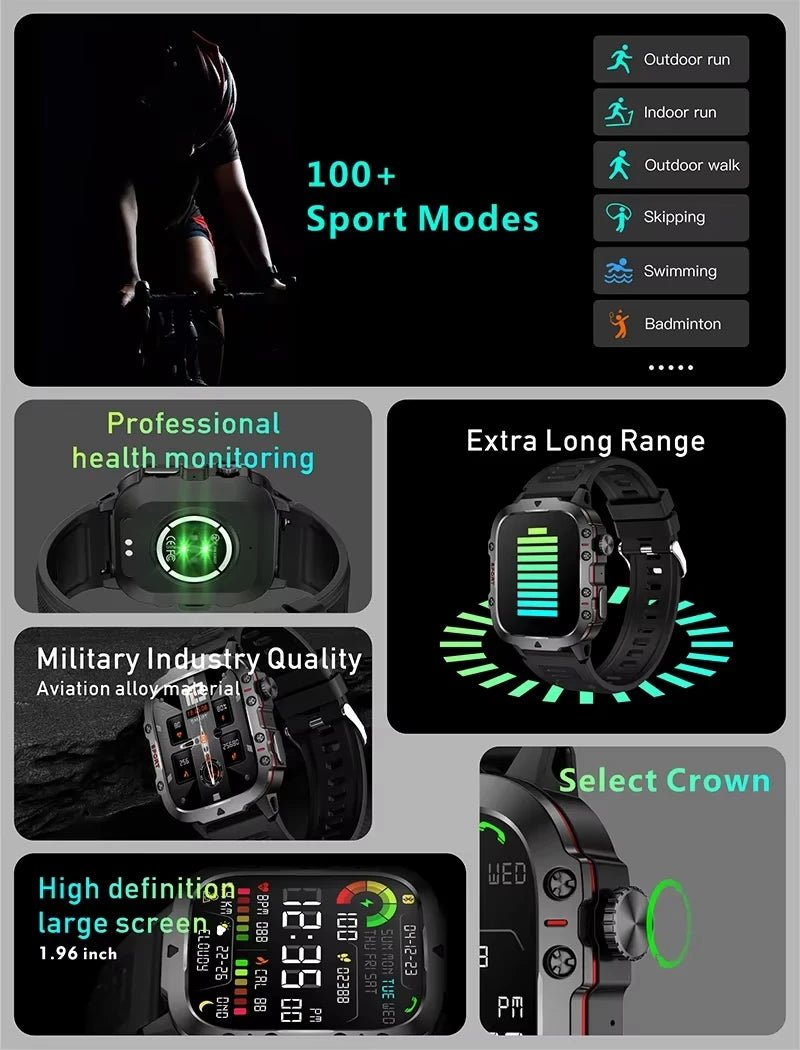 2025 Rugged Military Smart Watch Men's Outdoor Watch 2.01" HD Touch Screen Voice Bluetooth Call Smartwatch - Checkouts USA