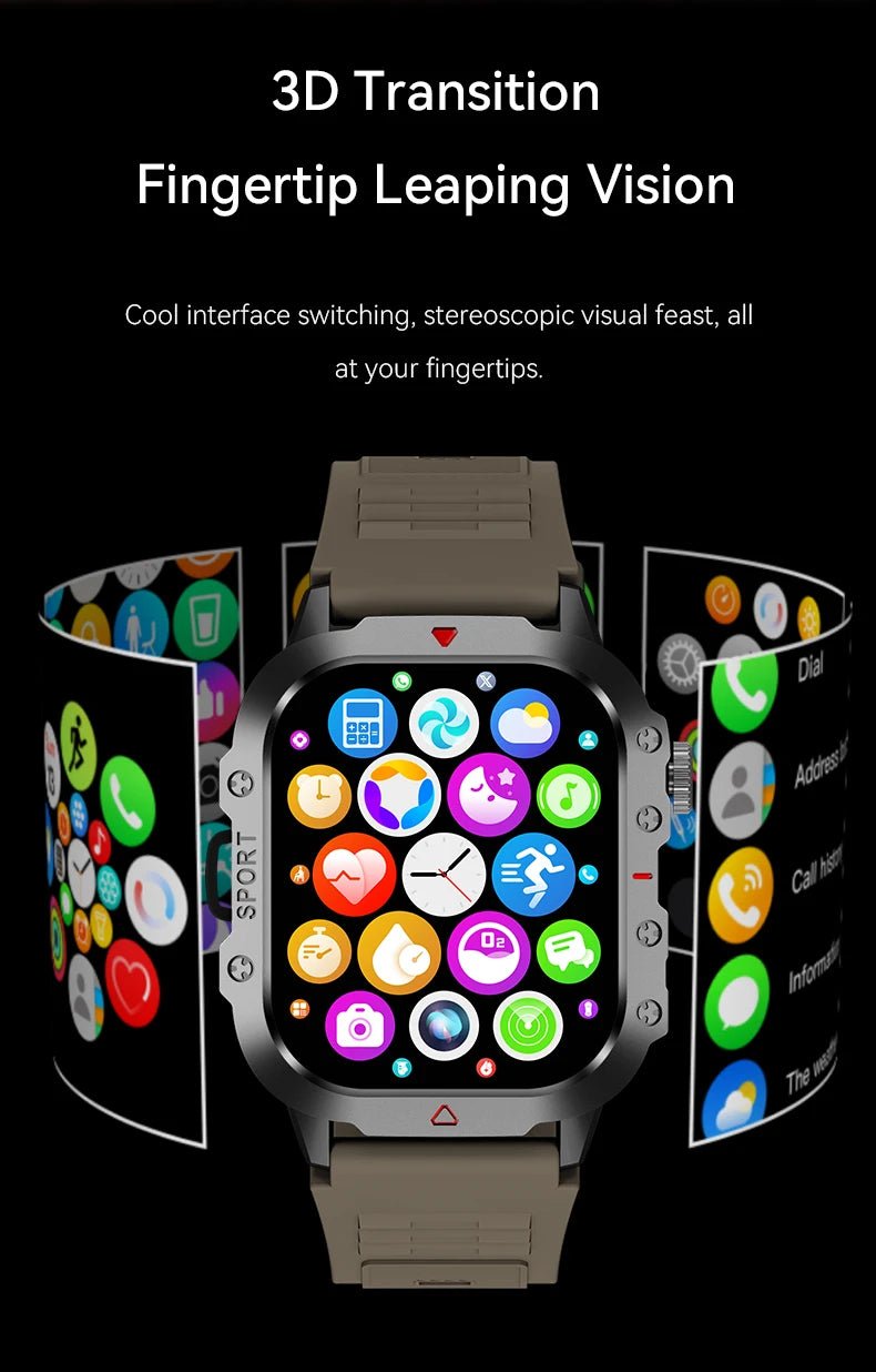 2025 Rugged Military Smart Watch Men's Outdoor Watch 2.01" HD Touch Screen Voice Bluetooth Call Smartwatch - Checkouts USA
