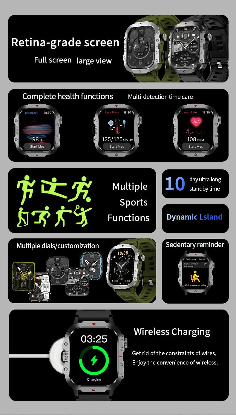 2025 Rugged Military Smart Watch Men's Outdoor Watch 2.01" HD Touch Screen Voice Bluetooth Call Smartwatch - Checkouts USA
