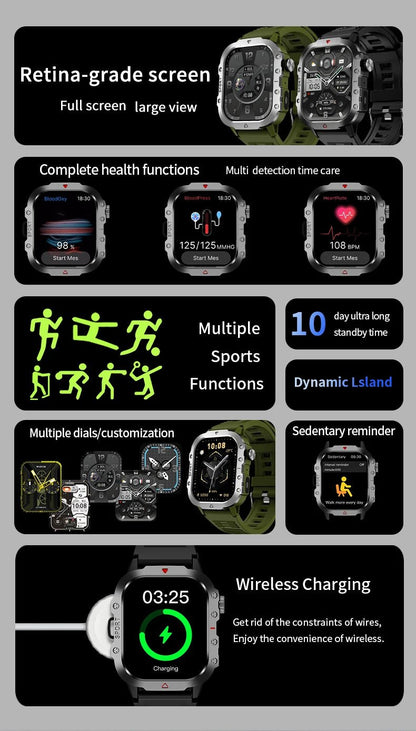 2025 Rugged Military Smart Watch Men's Outdoor Watch 2.01" HD Touch Screen Voice Bluetooth Call Smartwatch - Checkouts USA