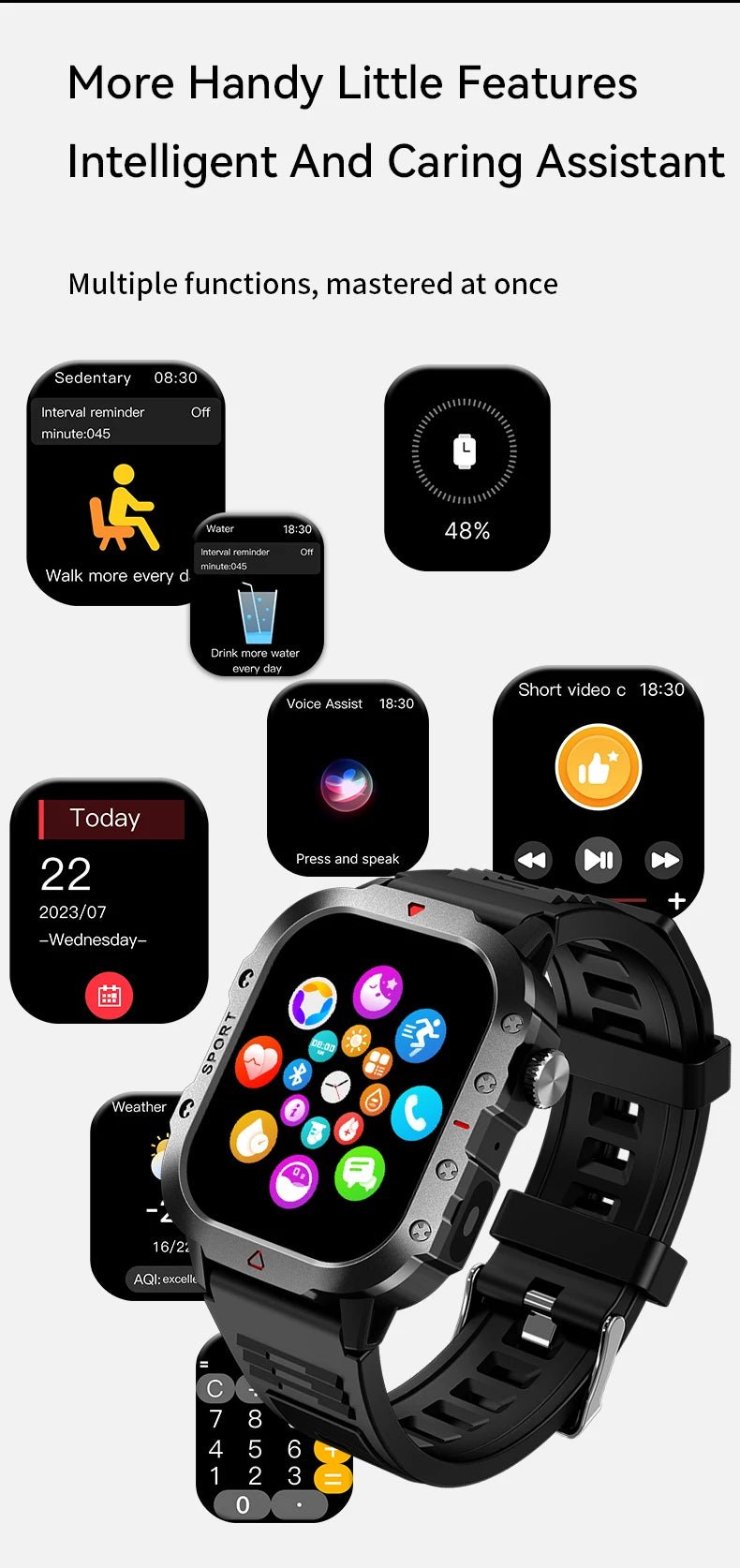 2025 Rugged Military Smart Watch Men's Outdoor Watch 2.01" HD Touch Screen Voice Bluetooth Call Smartwatch - Checkouts USA