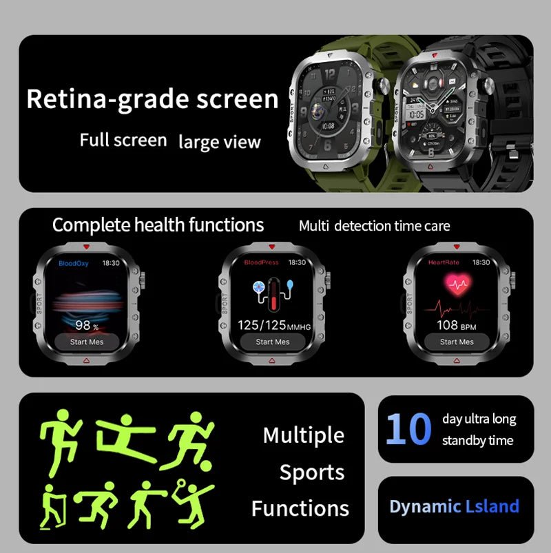 2025 Rugged Military Smart Watch Men's Outdoor Watch 2.01" HD Touch Screen Voice Bluetooth Call Smartwatch - Checkouts USA