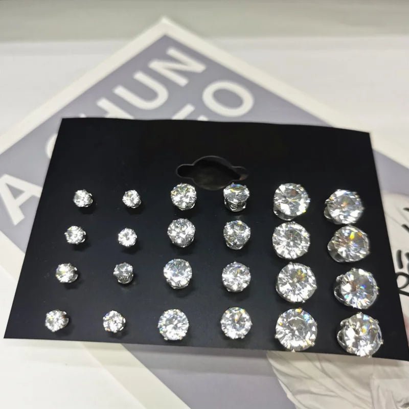 24pcs Cubic Zirconia Stud Earrings - Stainless Steel Claw Set for Men (12 Pairs) - Checkouts USA