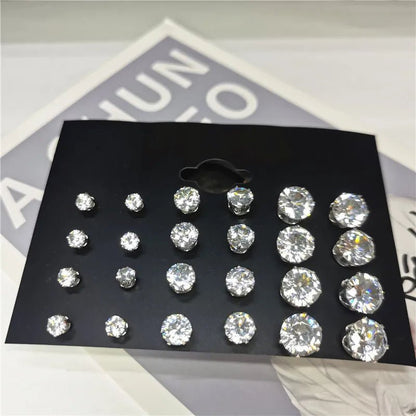 24pcs Cubic Zirconia Stud Earrings - Stainless Steel Claw Set for Men (12 Pairs) - Checkouts USA