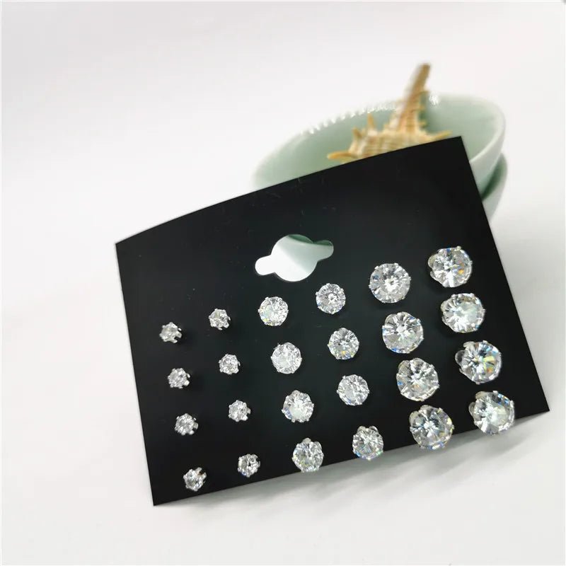 24pcs Cubic Zirconia Stud Earrings - Stainless Steel Claw Set for Men (12 Pairs) - Checkouts USA