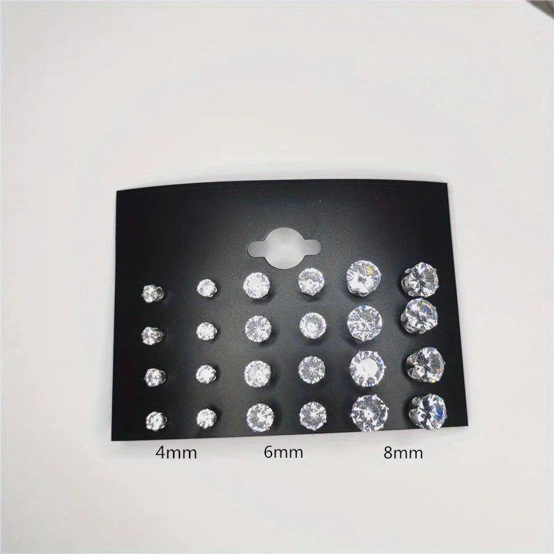 24pcs Cubic Zirconia Stud Earrings - Stainless Steel Claw Set for Men (12 Pairs) - Checkouts USA