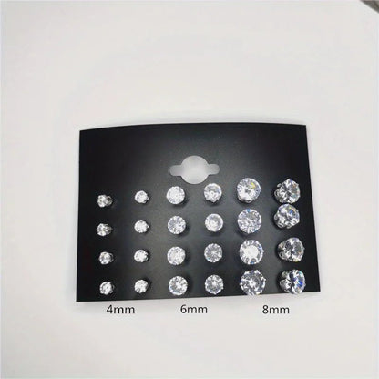 24pcs Cubic Zirconia Stud Earrings - Stainless Steel Claw Set for Men (12 Pairs) - Checkouts USA