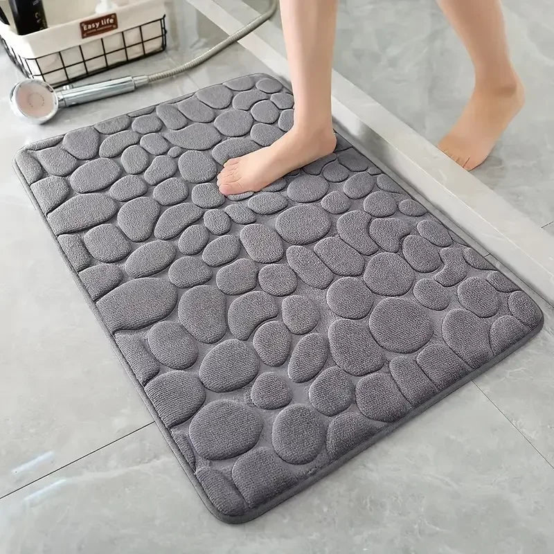 3D Non Slip Bathroom Mat Cobblestone Embossed Bath Mats Absorbent Doormat Carpet Door Floor Mats Machine Washable Quick Drying - Checkouts UK