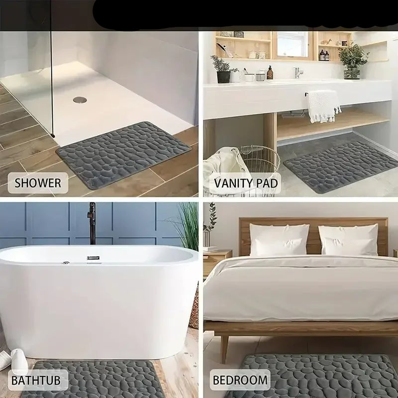 3D Non Slip Bathroom Mat Cobblestone Embossed Bath Mats Absorbent Doormat Carpet Door Floor Mats Machine Washable Quick Drying - Checkouts UK