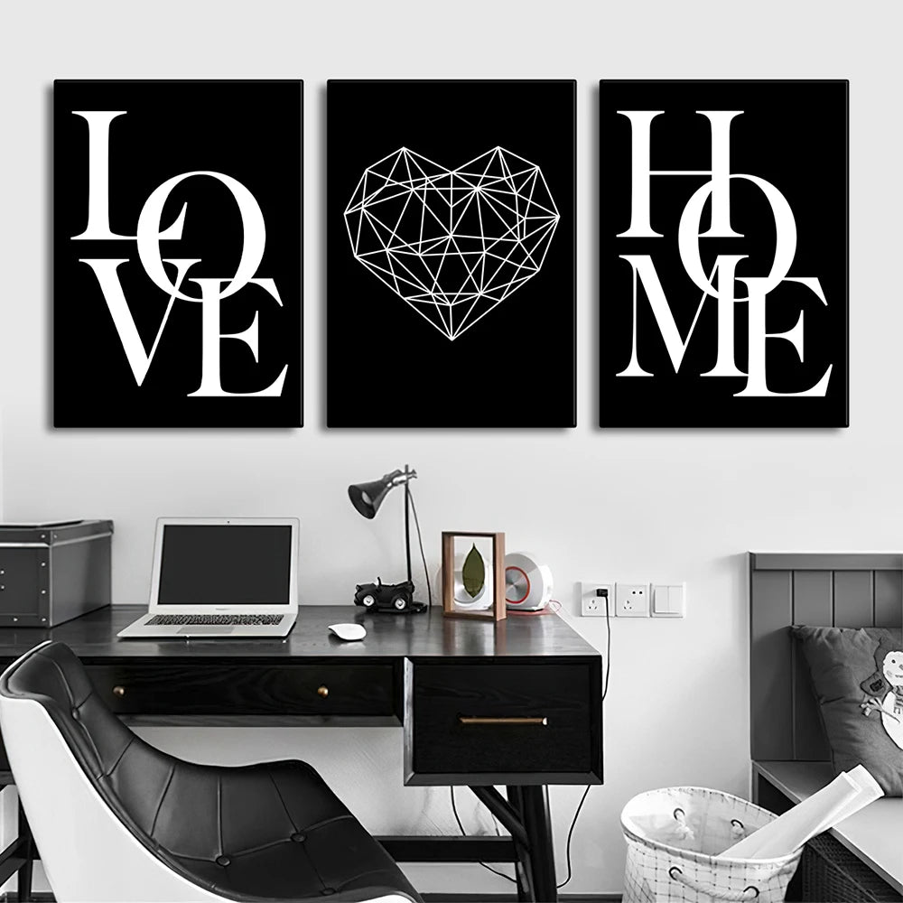 3pcs Love Home Diamond Heart Letter Canvas Prints Nordic Modern Living Room Wall Art Black White Decorative Paintings Home Decor - Checkouts UK