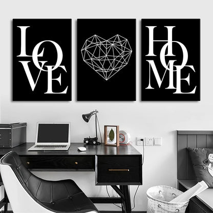 3pcs Love Home Diamond Heart Letter Canvas Prints Nordic Modern Living Room Wall Art Black White Decorative Paintings Home Decor - Checkouts UK