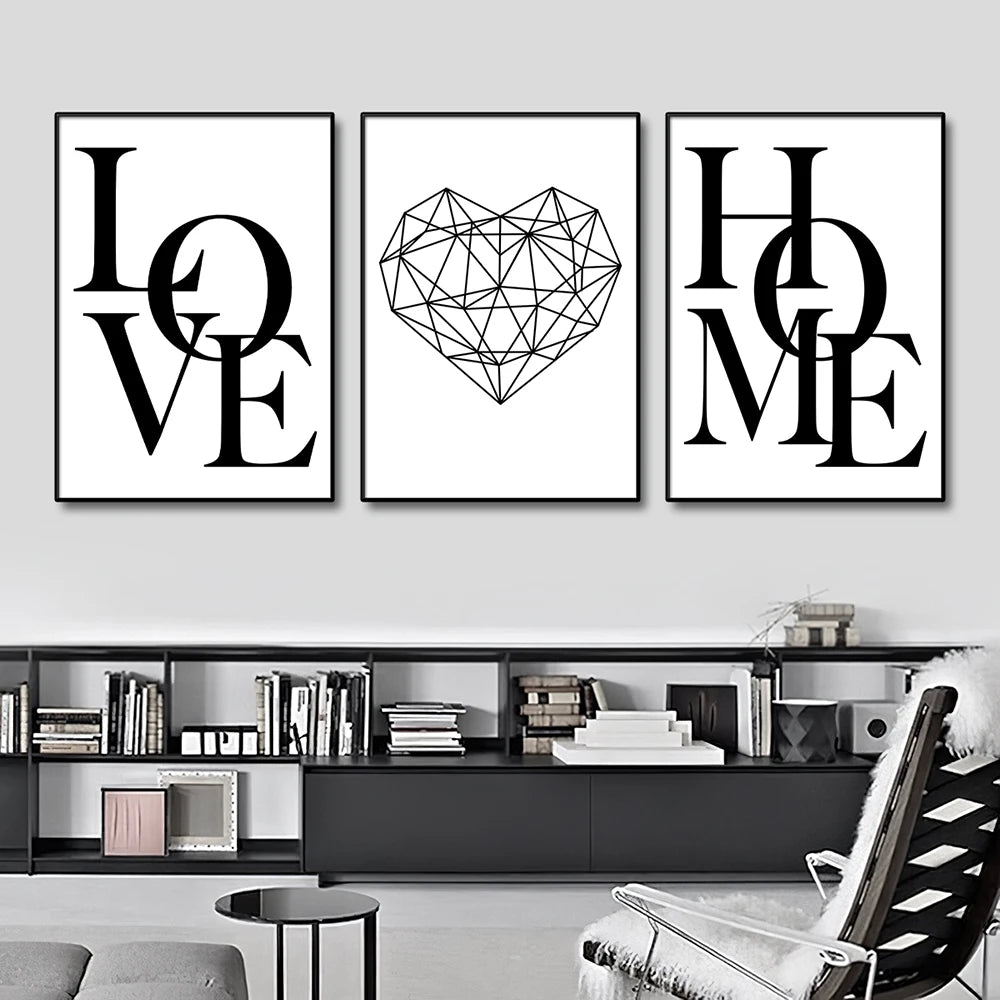 3pcs Love Home Diamond Heart Letter Canvas Prints Nordic Modern Living Room Wall Art Black White Decorative Paintings Home Decor - Checkouts UK