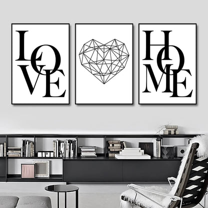 3pcs Love Home Diamond Heart Letter Canvas Prints Nordic Modern Living Room Wall Art Black White Decorative Paintings Home Decor - Checkouts UK