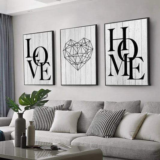 3pcs Love Home Diamond Heart Letter Canvas Prints Nordic Modern Living Room Wall Art Black White Decorative Paintings Home Decor - Checkouts UK