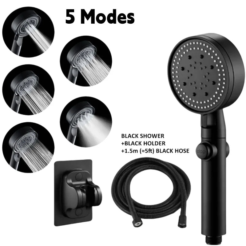 3Pcs/Set Adjustable Silver/Black Shower Head, High Pressure Water Saving Shower Head With 5 Modes+Wall Mounted Bracket+1.5M Hose - Checkouts USA