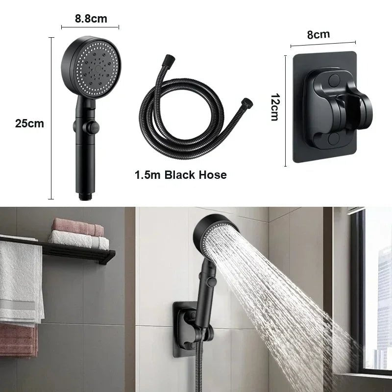 3Pcs/Set Adjustable Silver/Black Shower Head, High Pressure Water Saving Shower Head With 5 Modes+Wall Mounted Bracket+1.5M Hose - Checkouts USA