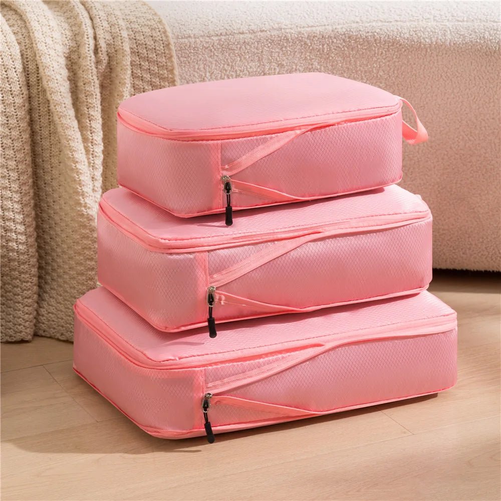 3Pcs/Set Travel Compressible Packing Multifunction Travel Storage Bag Waterproof Suitcase Nylon Portable Luggage Organizer Pink - Checkouts UK