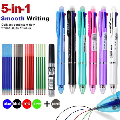 5 In 1 Multicolor Erasable Gel Pens Set with 0.7mm Refills and 0.5mm Automatic Pencil Lead, Office School Writing Ballpoint Pen - Checkouts USA