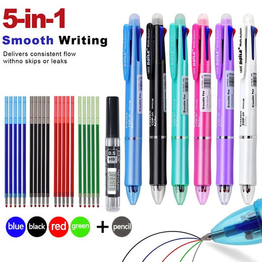 5 In 1 Multicolor Erasable Gel Pens Set with 0.7mm Refills and 0.5mm Automatic Pencil Lead, Office School Writing Ballpoint Pen - Checkouts USA