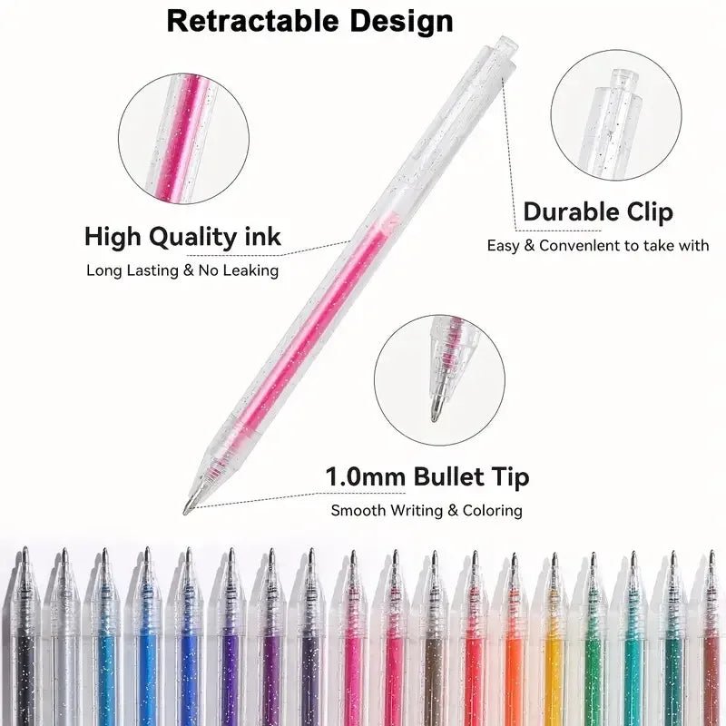 60PCS Glitter Gel Pens Set, Water - Resistant Plastic Rollerball Pens - Ideal for Cardstock, Journals, Drawing, Marking, Coloring - Checkouts USA