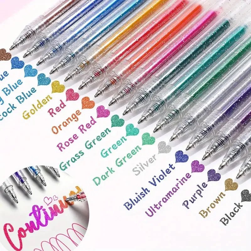 60PCS Glitter Gel Pens Set, Water - Resistant Plastic Rollerball Pens - Ideal for Cardstock, Journals, Drawing, Marking, Coloring - Checkouts USA